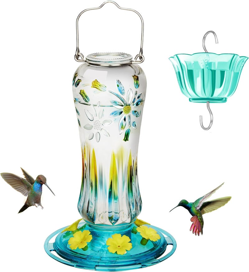 Kingsyard Hummingbird Feeder for Outdoors Hanging, 25 Ounces, Glass Humming Bird Nectar Feeder with Ant Moat & 6 Feeding Ports, Leak Proof, Turquoise - Image 1